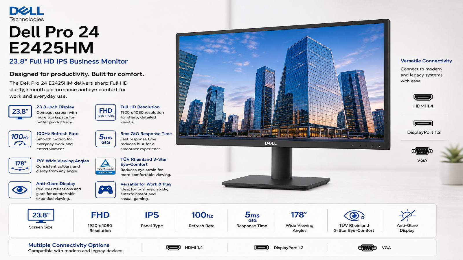 Dell Pro 24 Monitor E2425HM, 23.8-Inch Full HD IPS Display, 1920x1080 Resolution, 100Hz Refresh Rate, 5ms GtG, TÜV Rheinland 3-Star Eye Comfort, HDMI 1.4, DisplayPort 1.2, VGA, Tilt Stand | E2425HM